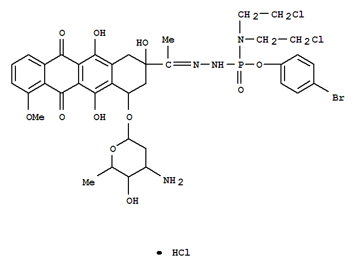 Phosphoramidohydrazidicacid, 2-[1-[4-[(3-amino-2,3,6-trideoxy-a-L-lyxo-hexopyranosyl)oxy]-1,2,3,4,6,11-hexahydro-2,5,12-trihydroxy-7-methoxy-6,11-dioxo-2-naphthacenyl]ethylidene]-N,N-bis(2-chloroethyl)-,4-bromophenyl ester, monohydrochloride, (2S-cis)- (9