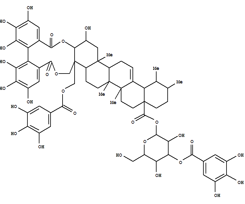 Urs-12-en-28-oicacid,3,23-[(4,4',5,5',6,6'-hexahydroxy[1,1'-biphenyl]-2,2'-diyl)bis(carbonyloxy)]-2-hydroxy-24-[(3,4,5-trihydroxybenzoyl)oxy]-,3-O-(3,4,5-trihydroxybenzoyl)-b-D-glucopyranosyl ester, [2a,3b(R),4a]- molecular structure